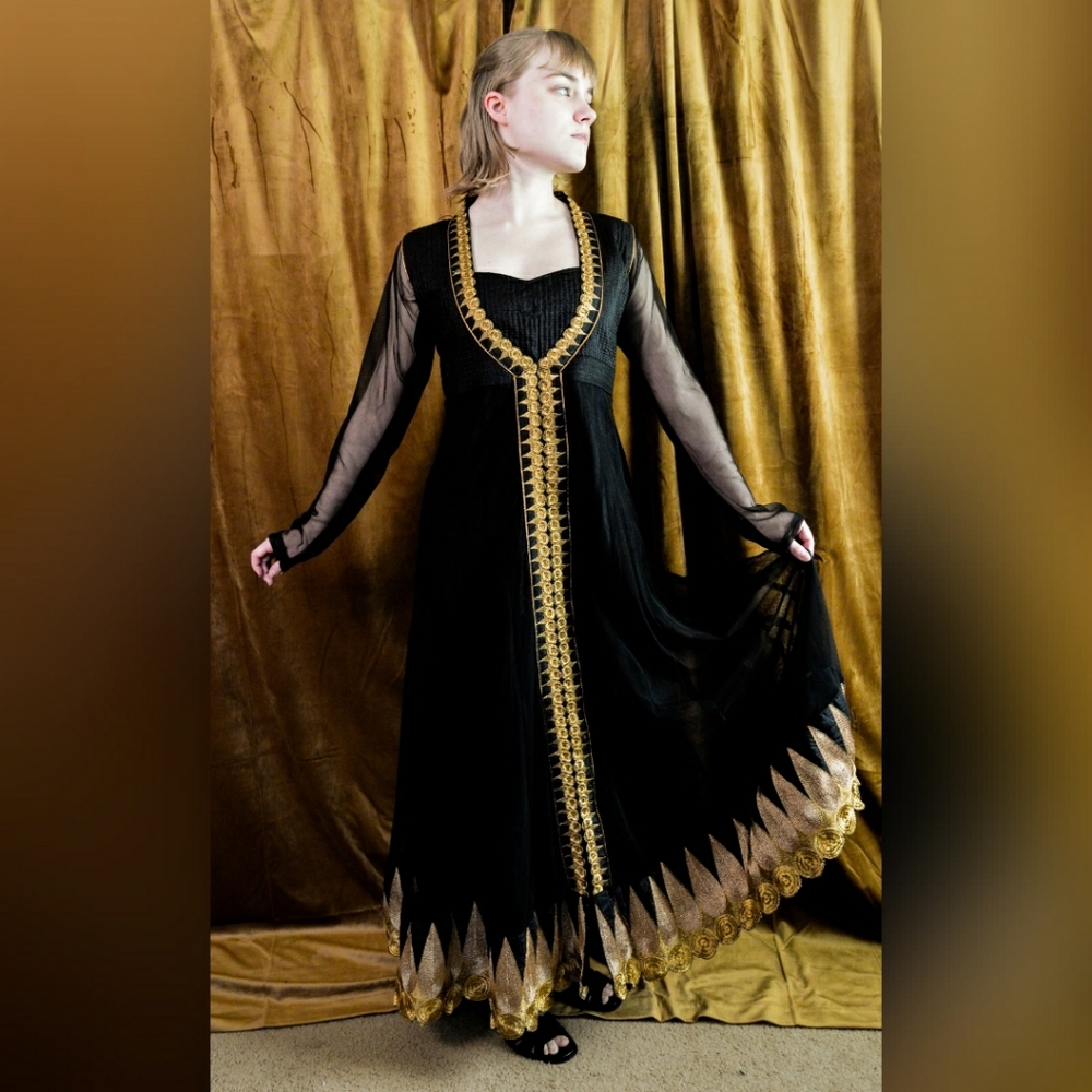 Black Full Length Dress with Gold Embroidery
